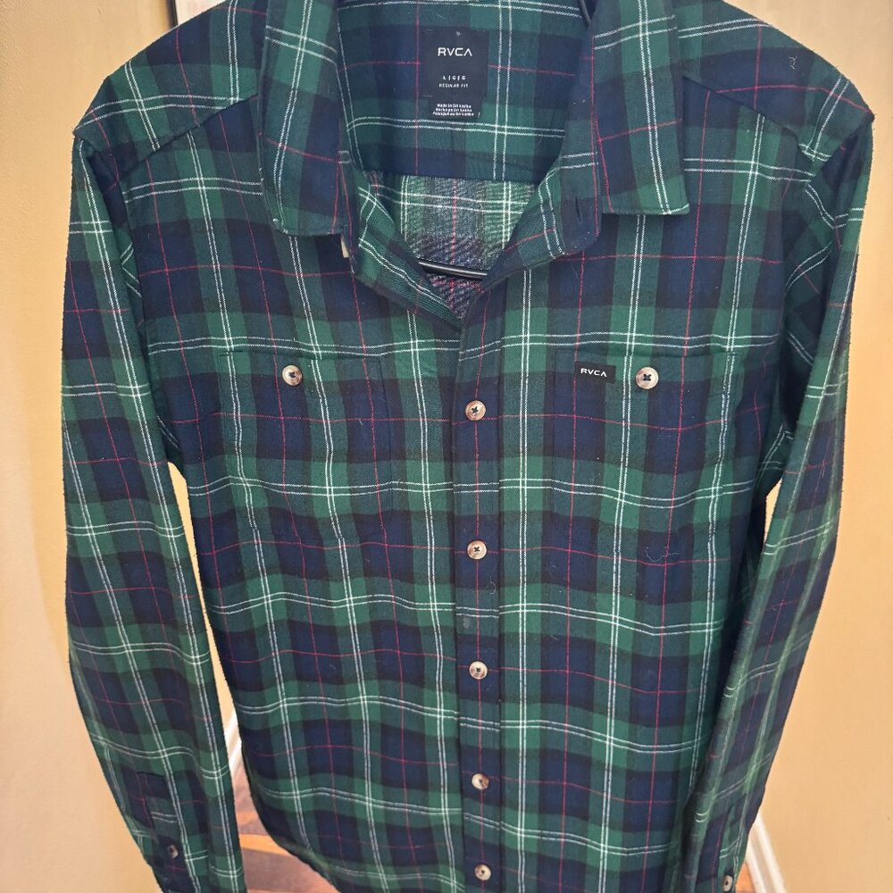 RCVA MEN SHIRT LONG SLEEVE NW SZ LARGE PLAID GREEN SIX BUTTON OPENING